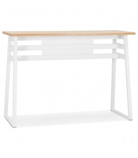 Table de bar haute NIKI en bois finition naturelle et pied en métal blanc 150x60 cm