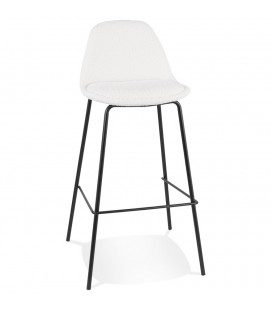 Tabouret de bar PLUMAR en tissu bouclette blanc et pied en métal noir