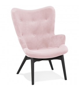 Fauteuil à oreilles RUBEN en velours rose et pieds en bois noir