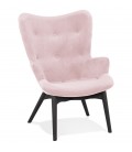 Fauteuil à oreilles RUBEN en velours rose et pieds en bois noir - 