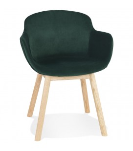 Chaise avec accoudoirs FRIDA en velours vert et pieds en bois naturel