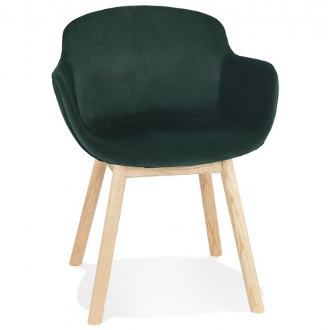 Chaise avec accoudoirs FRIDA en velours vert et pieds en bois naturel - 