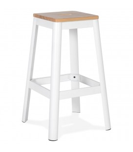 Tabouret haut industriel LIDYA en métal blanc et bois massif