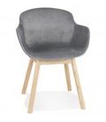 Chaise avec accoudoirs FRIDA en velours gris et pieds en bois naturel - 