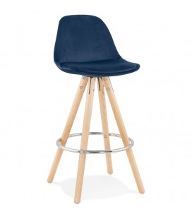 Tabouret snack mi-hauteur SPIRIT MINI en velours bleu et pieds en bois naturel