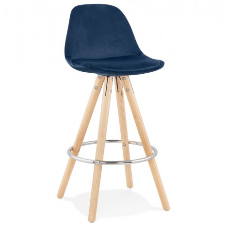 Tabouret snack mi-hauteur SPIRIT MINI en velours bleu et pieds en bois naturel - 