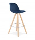 Tabouret snack mi-hauteur SPIRIT MINI en velours bleu et pieds en bois naturel - 