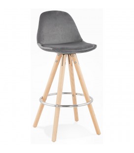 Tabouret snack mi-hauteur SPIRIT MINI en velours gris et pieds en bois naturel