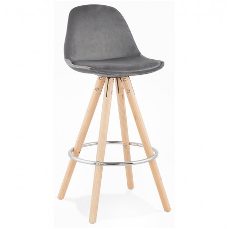 Tabouret snack mi-hauteur SPIRIT MINI en velours gris et pieds en bois naturel - 