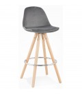 Tabouret snack mi-hauteur SPIRIT MINI en velours gris et pieds en bois naturel - 