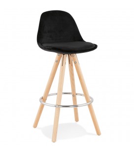 Tabouret snack mi-hauteur SPIRIT MINI en velours noir et pieds en bois naturel