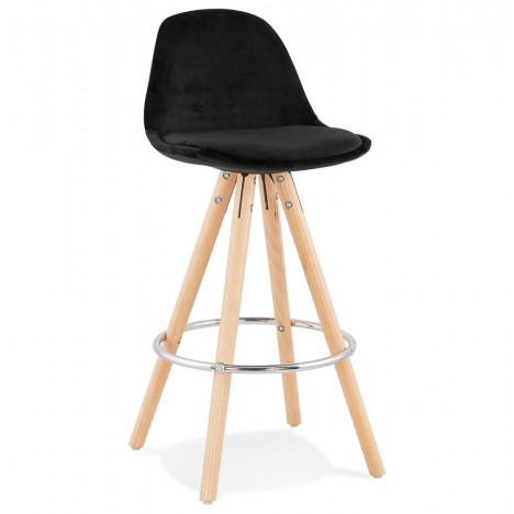 Tabouret snack mi-hauteur SPIRIT MINI en velours noir et pieds en bois naturel - 