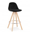 Tabouret snack mi-hauteur SPIRIT MINI en velours noir et pieds en bois naturel - 