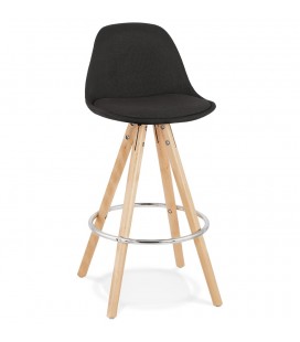 Tabouret snack mi-hauteur design DANI MINI en tissu noir et pieds en bois naturel