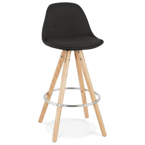 Tabouret snack mi-hauteur design DANI MINI en tissu noir et pieds en bois naturel - 