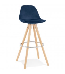 Tabouret de bar SPIRIT en velours bleu et pieds en bois naturel