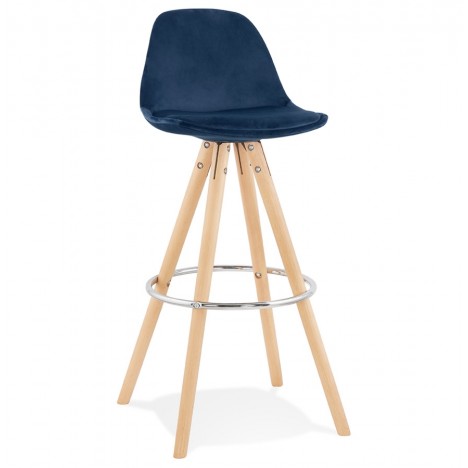 Tabouret de bar SPIRIT en velours bleu et pieds en bois naturel - 