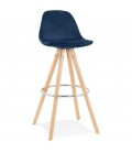 Tabouret de bar SPIRIT en velours bleu et pieds en bois naturel - 