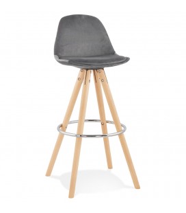 Tabouret de bar SPIRIT en velours gris et pieds en bois naturel