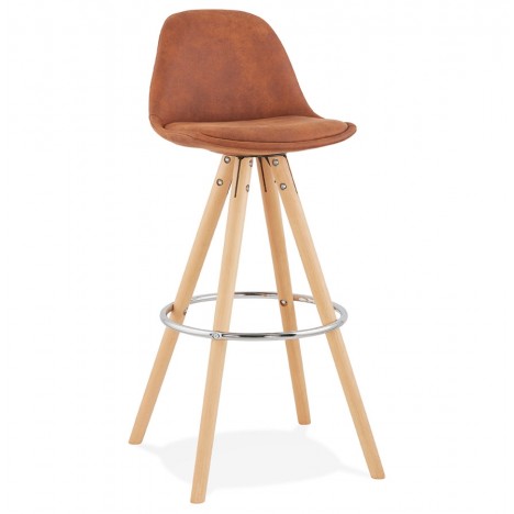 Tabouret de bar MARKA en microfibre brune et pieds en bois naturel - 