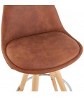 Tabouret de bar MARKA en microfibre brune et pieds en bois naturel - 