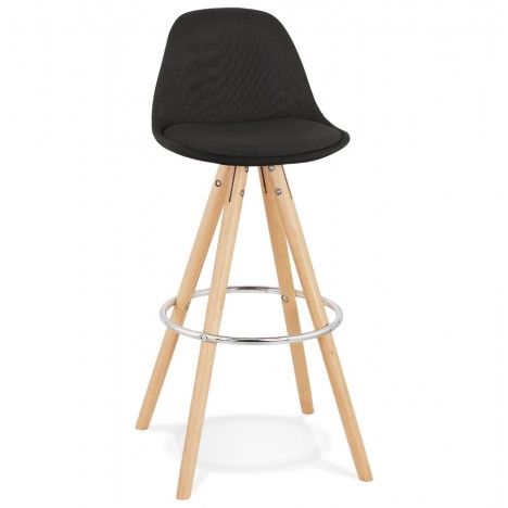 Tabouret de bar design DANI en tissu noir et pieds en bois naturel - 