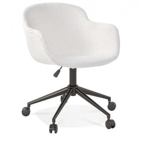 Chaise de bureau pivotante VIVIANE en tissu bouclé blanc sur roulettes - 