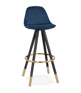 Tabouret de bar design CHICAGO en velours bleu et 4 pieds en bois noir