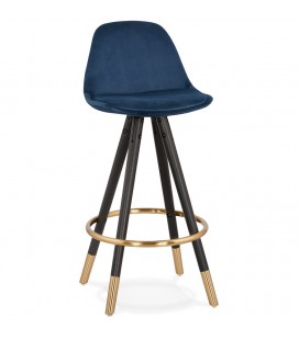 Tabouret snack mi-hauteur design CHICAGO MINI en velours bleu et 4 pieds en bois noir