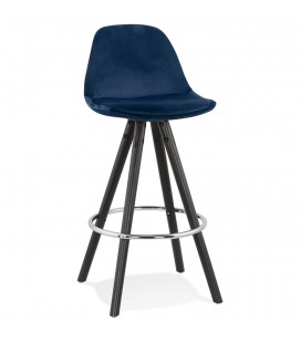 Tabouret snack mi-hauteur SPIRIT MINI en velours bleu et pieds en bois noir