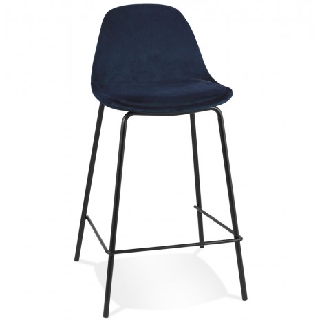 Tabouret snack mi-hauteur FENTON MINI en velours bleu et pied en métal noir - 