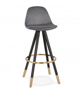 Tabouret de bar design CHICAGO en velours gris et 4 pieds en bois noir