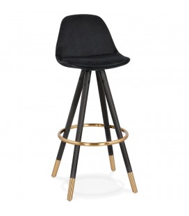 Tabouret de bar design CHICAGO en velours noir et 4 pieds en bois noir