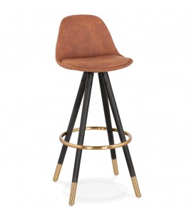 Tabouret de bar design KONG en microfibre brune et 4 pieds en bois noir