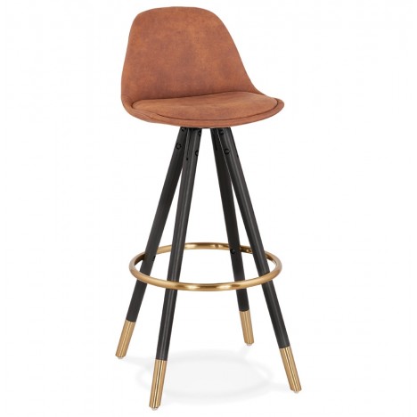 Tabouret de bar design KONG en microfibre brune et 4 pieds en bois noir - 