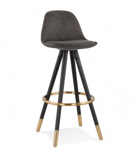 Tabouret de bar design KONG en microfibre grise et pieds en bois noir
