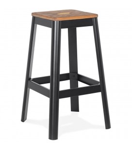 Tabouret haut style industriel LIDYA avec structure en métal noir et assise en bois