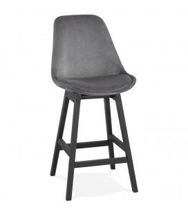 Tabouret snack mi-hauteur MORISS MINI en velours gris et pieds en bois noir