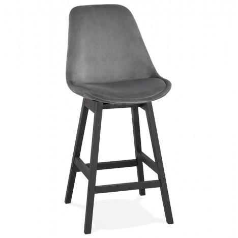 Tabouret snack mi-hauteur MORISS MINI en velours gris et pieds en bois noir - 