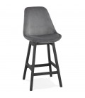 Tabouret snack mi-hauteur MORISS MINI en velours gris et pieds en bois noir - 