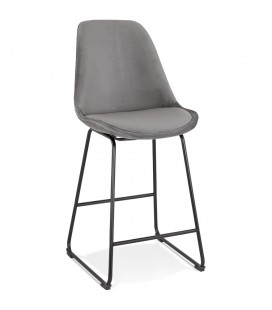 Tabouret snack mi-hauteur BULLY MINI en velours gris et pieds en métal noir