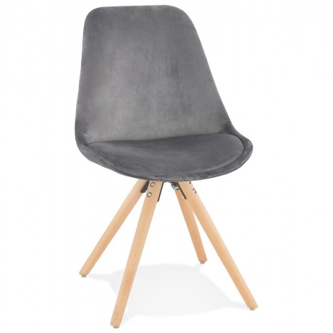 Chaise vintage RICKY en velours gris et pieds en bois naturel - 