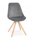 Chaise vintage RICKY en velours gris et pieds en bois naturel - 