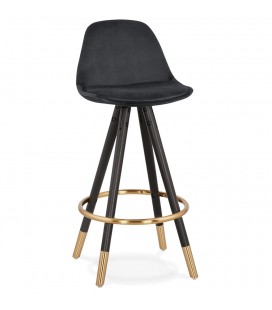 Tabouret snack mi-hauteur design CHICAGO MINI en velours noir et 4 pieds en bois noir