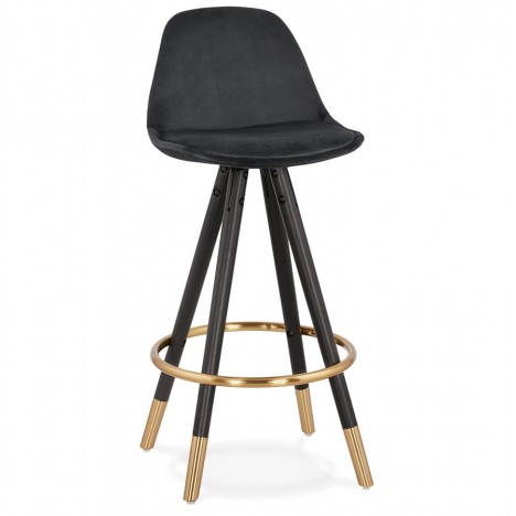 Tabouret snack mi-hauteur design CHICAGO MINI en velours noir et 4 pieds en bois noir - 