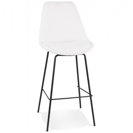 Tabouret de bar LEONIE en tissu bouloché blanc et pied en métal noir - 