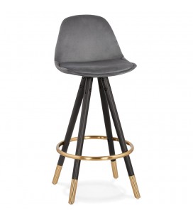 Tabouret snack mi-hauteur design CHICAGO MINI en velours gris et 4 pieds en bois noir