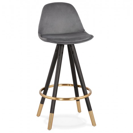 Tabouret snack mi-hauteur design CHICAGO MINI en velours gris et 4 pieds en bois noir - 