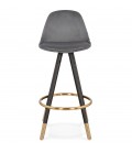 Tabouret snack mi-hauteur design CHICAGO MINI en velours gris et 4 pieds en bois noir - 