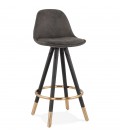 Tabouret snack mi-hauteur design KONG MINI en microfibre grise et pieds en bois noir - 